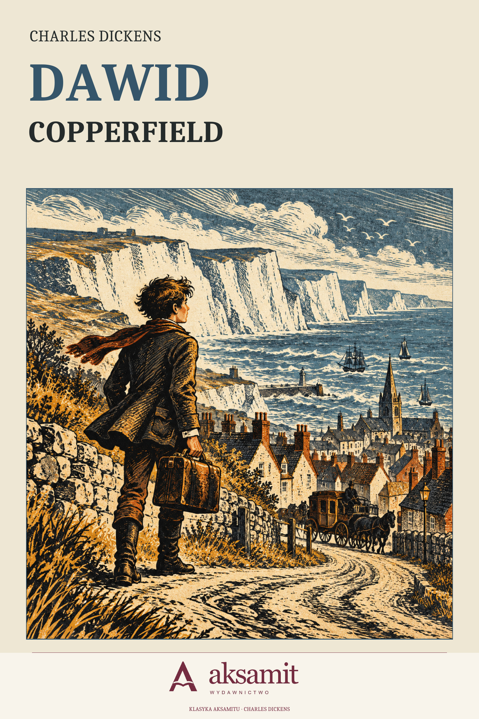 Dawid Copperfield — Charles Dickens. Kremowa okładka z ilustracją graficzną, Wydawnictwo Aksamit.