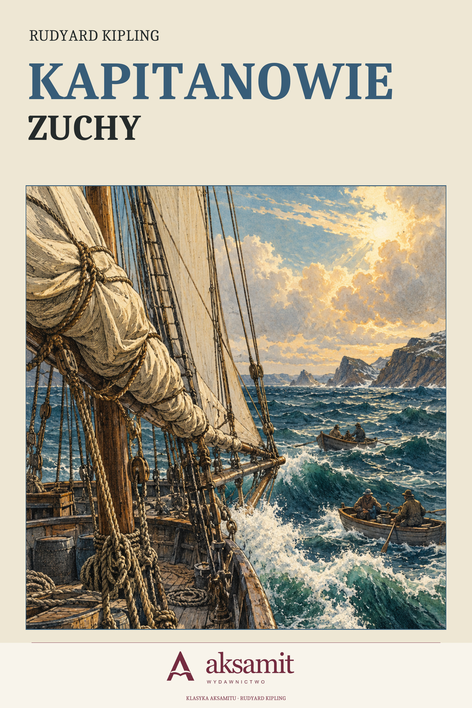 Okładka książki „Kapitanowie zuchy” Rudyarda Kiplinga, Wydawnictwo Aksamit