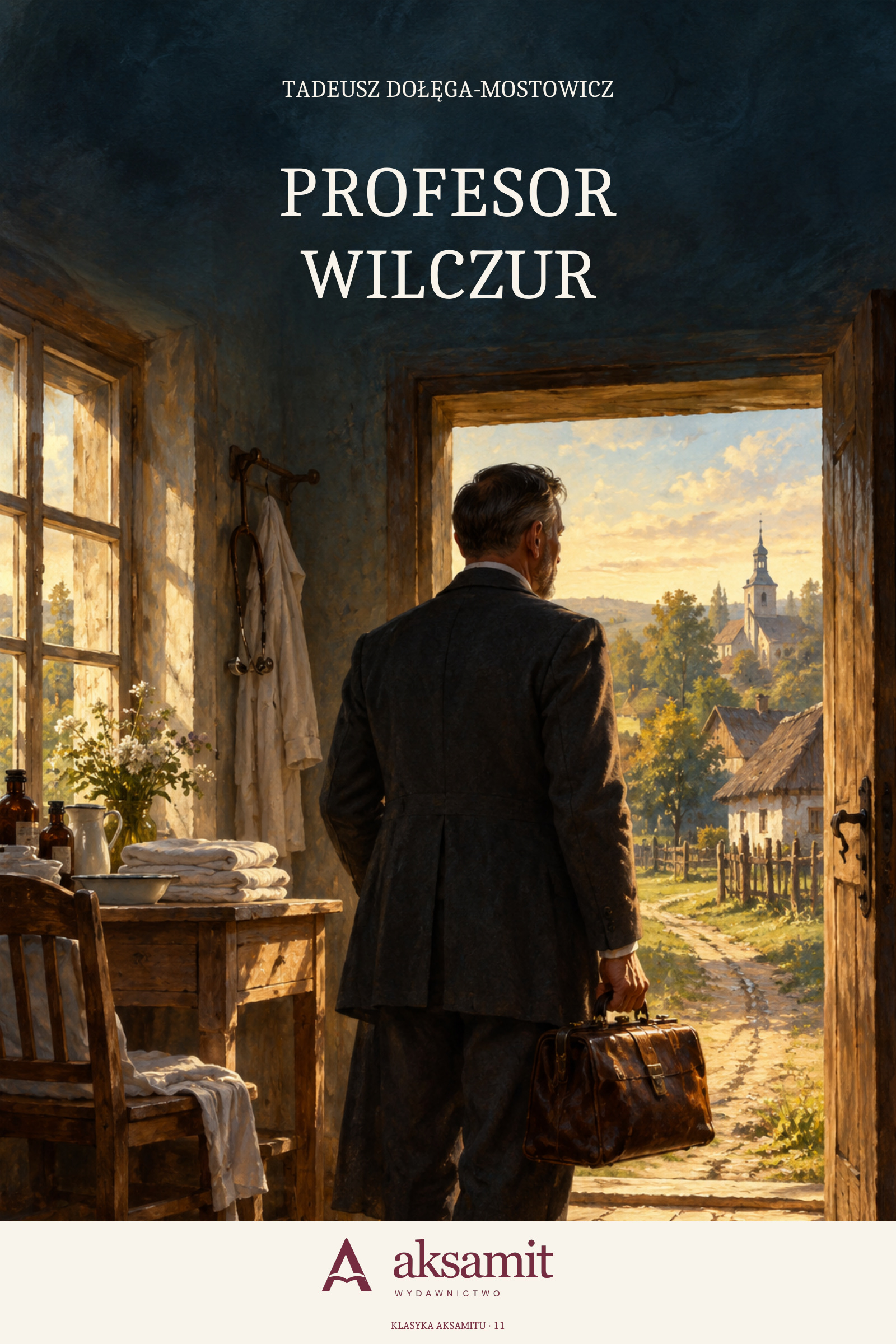Profesor Wilczur — Tadeusz Dołęga-Mostowicz. Okładka wydania Aksamitu: lekarz w progu wiejskiego gabinetu.