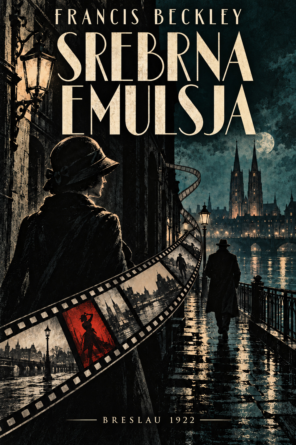 Srebrna emulsja — Francis Beckley. Okładka z nocnym Breslau, taśmą filmową i postaciami w kapeluszach.