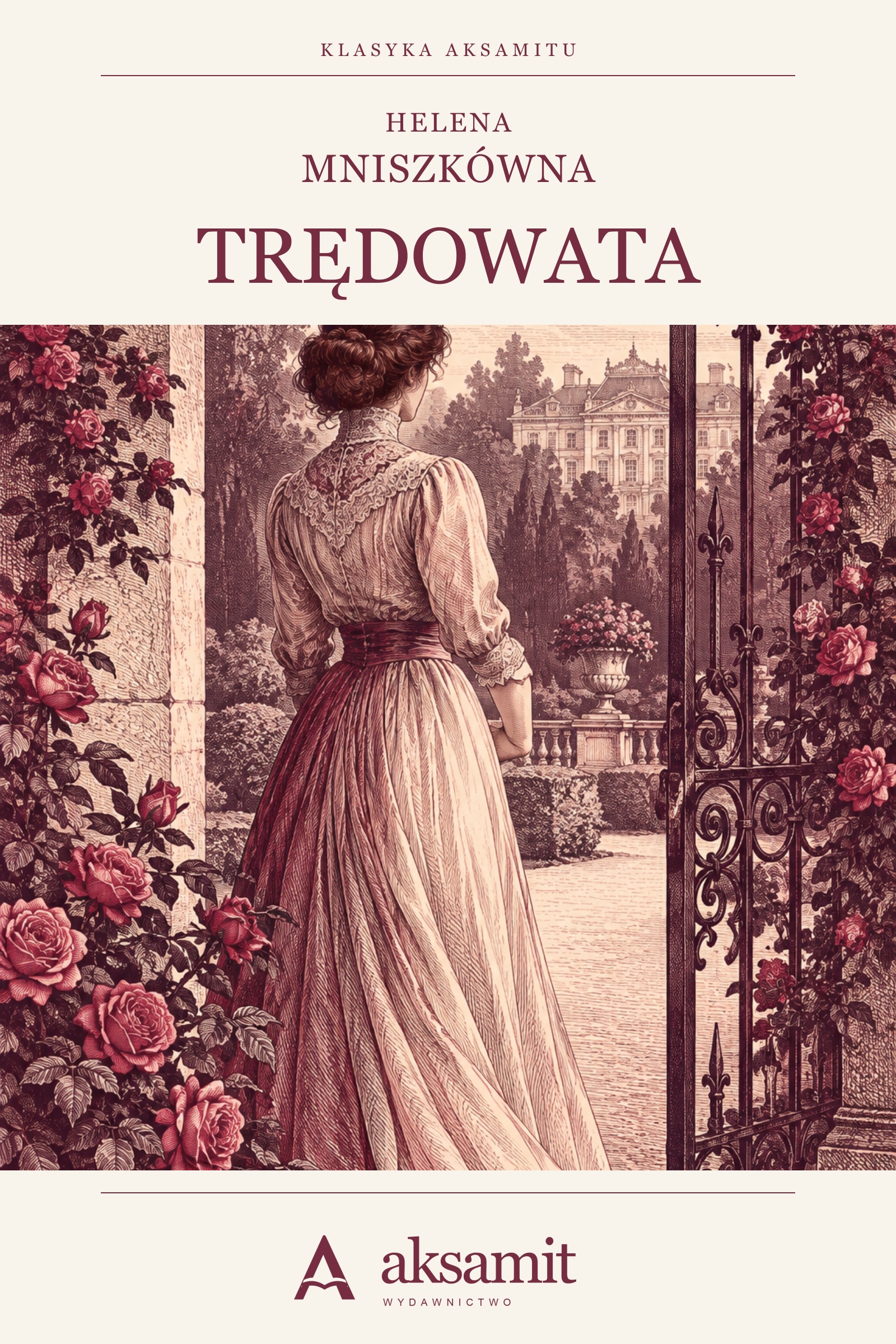Trędowata — Helena Mniszkówna. Okładka z kobietą przy pałacowej bramie i logo Wydawnictwa Aksamit.