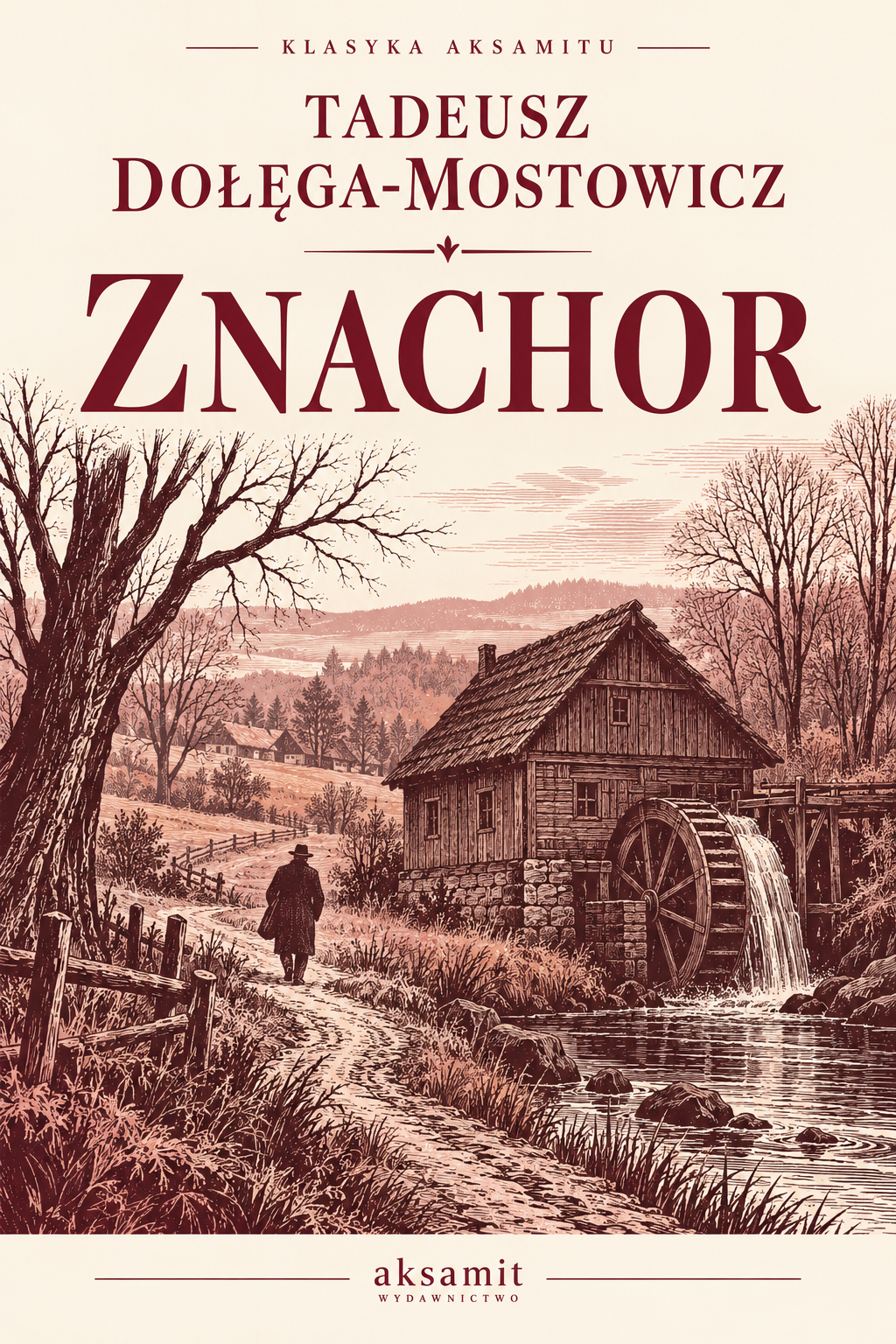 Znachor — Tadeusz Dołęga-Mostowicz. Okładka wydania Wydawnictwa Aksamit z ilustracją młyna wodnego.